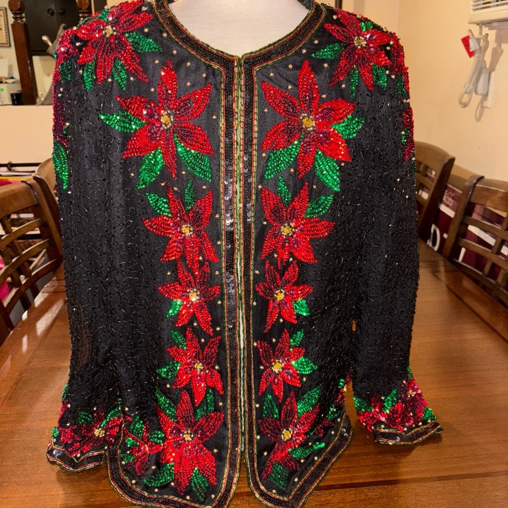 Laurence Kazar Sequin Beaded Embellished Christmas Poinsettia Sweater M Jacket